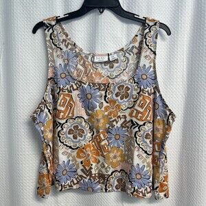 Nicole Miller 100% Linen Multicolor Flower Power Boxy Cropped Top XL Boho